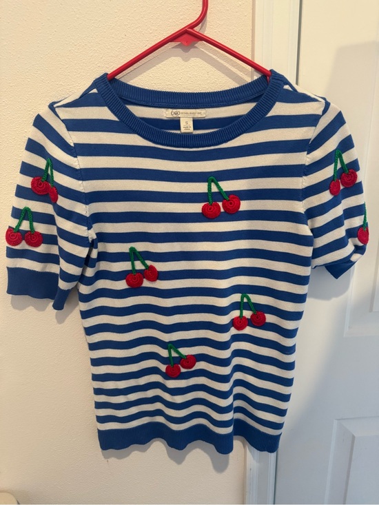 Cato Tops - Blue & White Striped Cherry Embroidered Knit Sweater Top Size S